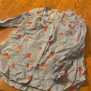 Old navy, button down, long sleeved shirt, floral with a striped background